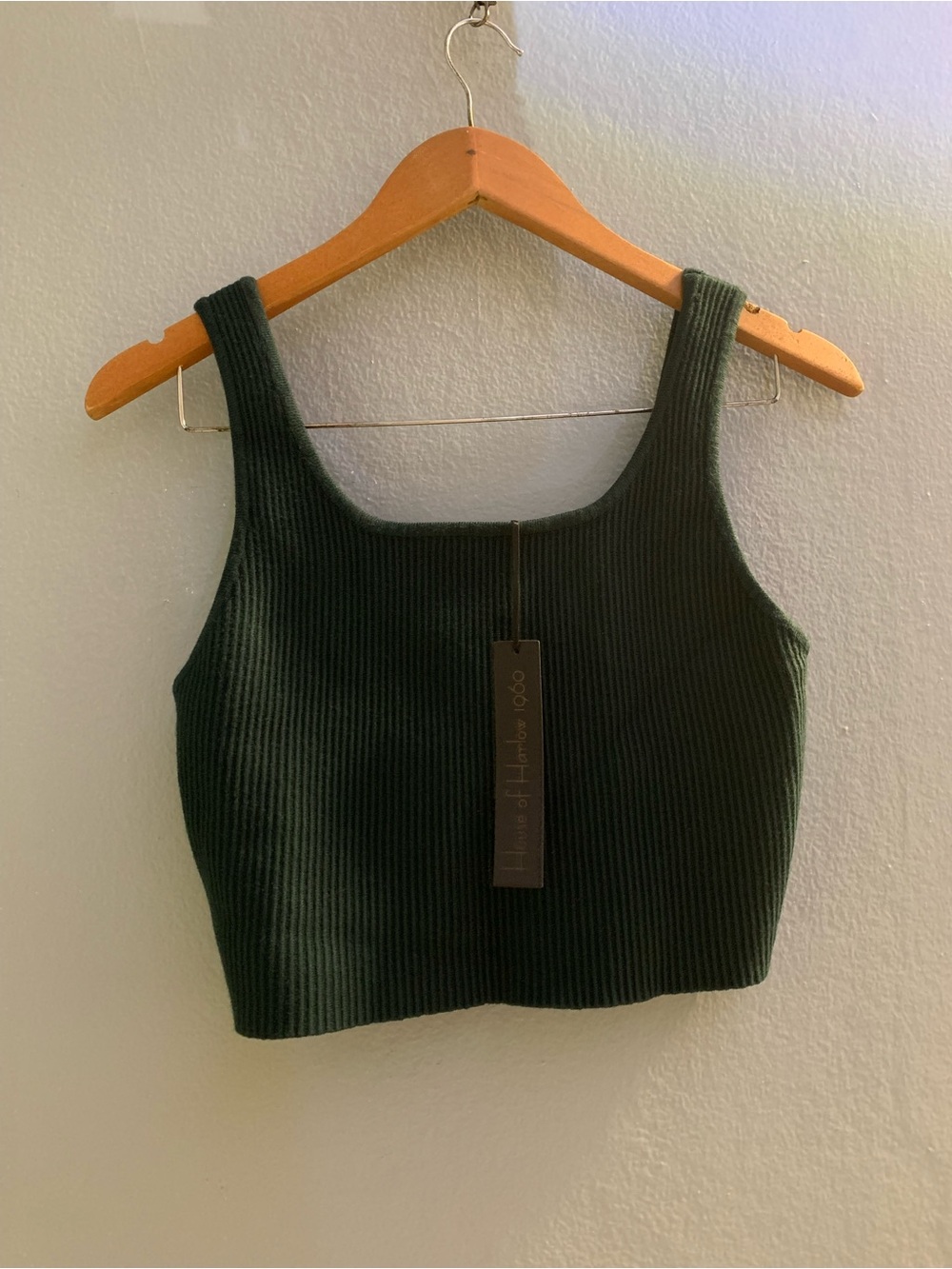 House of Harlow 1960 Dark Green Ribbed Square-Neck Crop Top